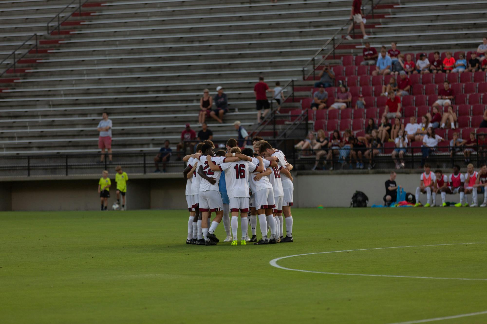 The South Carolina men's soccer team huddles during a game against the Campbell Camels on Sept. 17, 2022. The Gamecocks defeated Campbell 1-0.