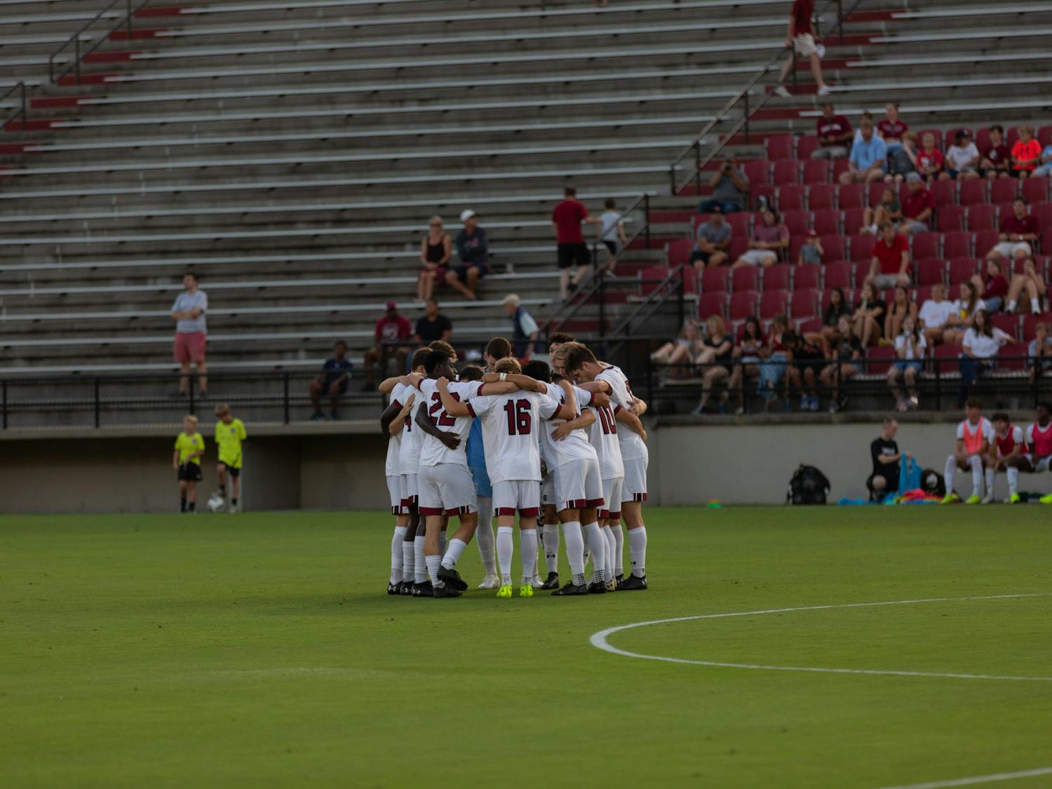 The South Carolina men's soccer team huddles during a game against the Campbell Camels on Sept. 17, 2022. The Gamecocks defeated Campbell 1-0.