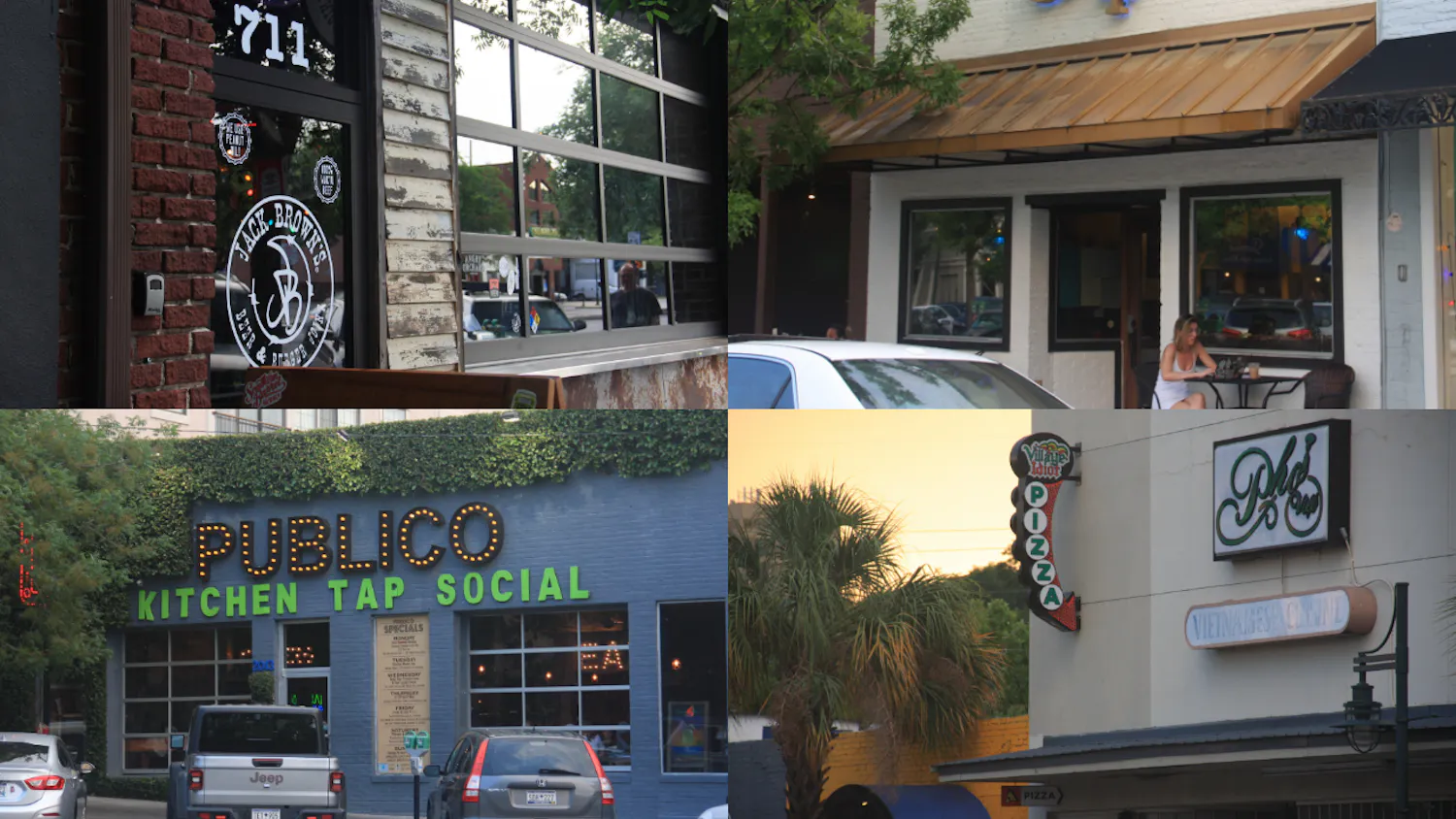 A picture of the exteriors of Jack Brown’s Burger and Beer Joint, Drip Coffee, Publico and Village Idiot in Five Points on May 31, 2022. 