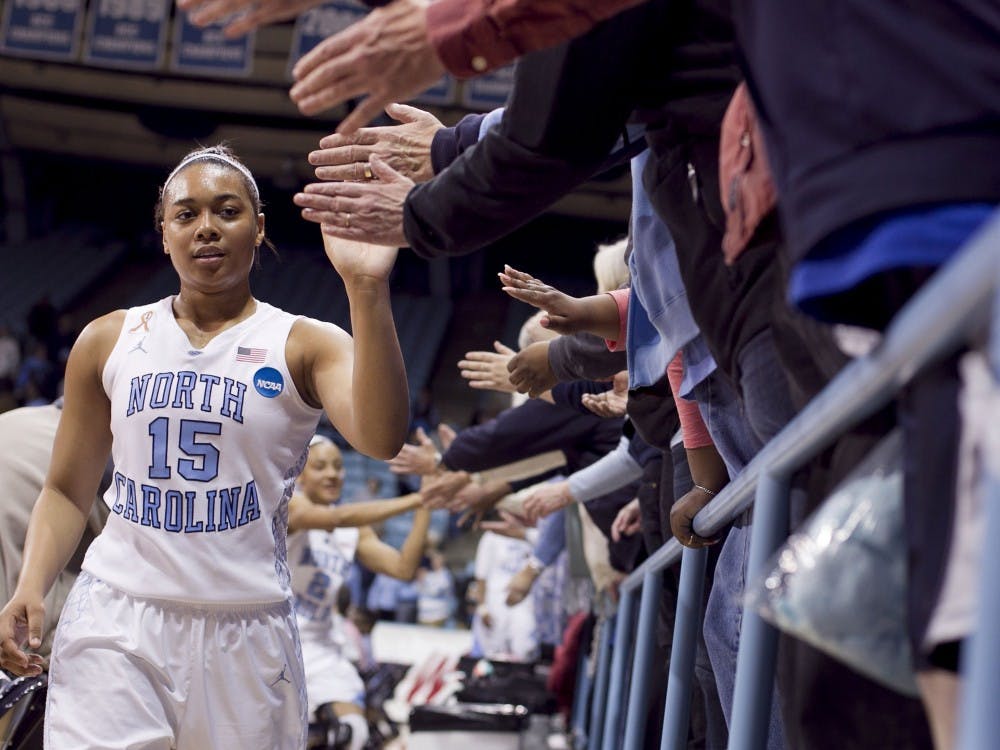 North Carolina's Allisha Gray (15) celebrates the Tar Heels' 62-53 victory over the Michigan State Spartans during the second round of the NCAA Tournament at Carmichael Arena in Chapel Hill, N.C., on Tuesday, March 25, 2014. (Robert Willett/Raleigh News & Observer/MCT)