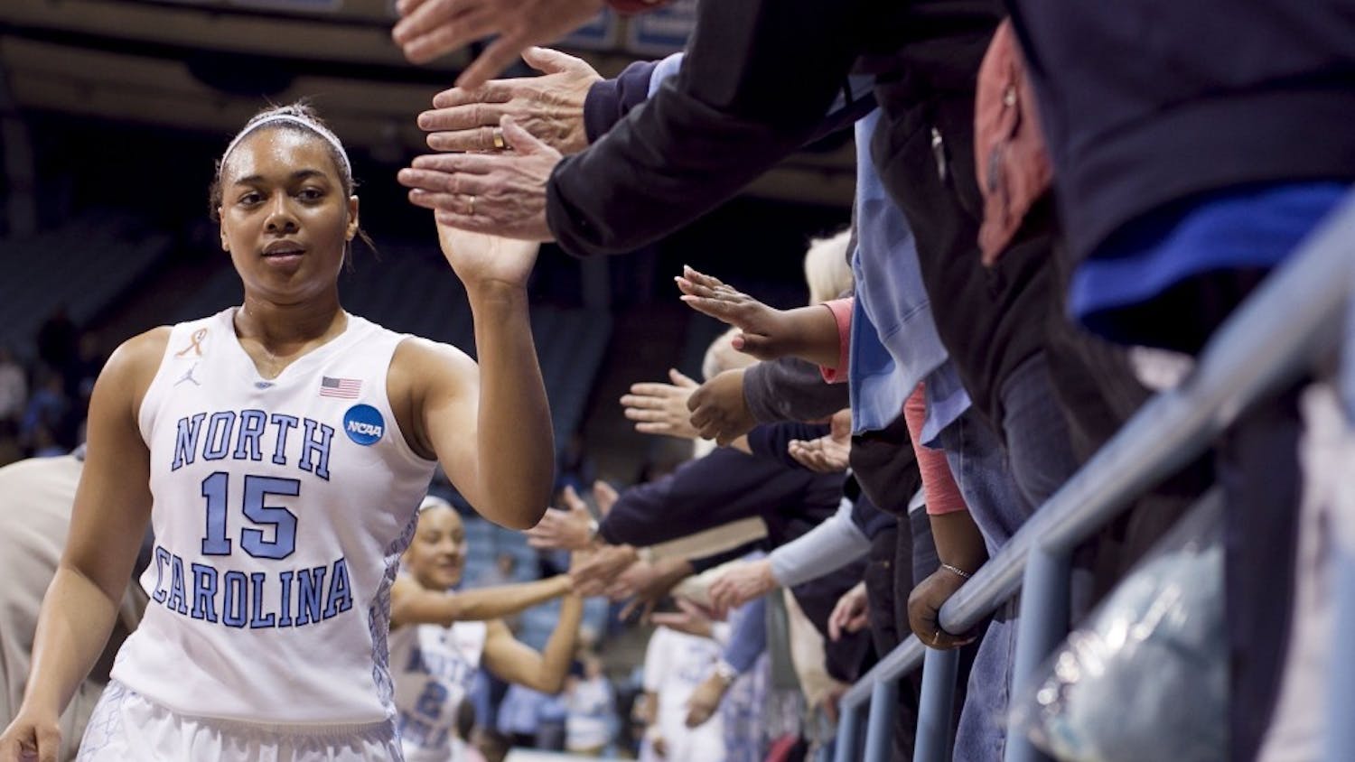 North Carolina's Allisha Gray (15) celebrates the Tar Heels' 62-53 victory over the Michigan State Spartans during the second round of the NCAA Tournament at Carmichael Arena in Chapel Hill, N.C., on Tuesday, March 25, 2014. (Robert Willett/Raleigh News & Observer/MCT)