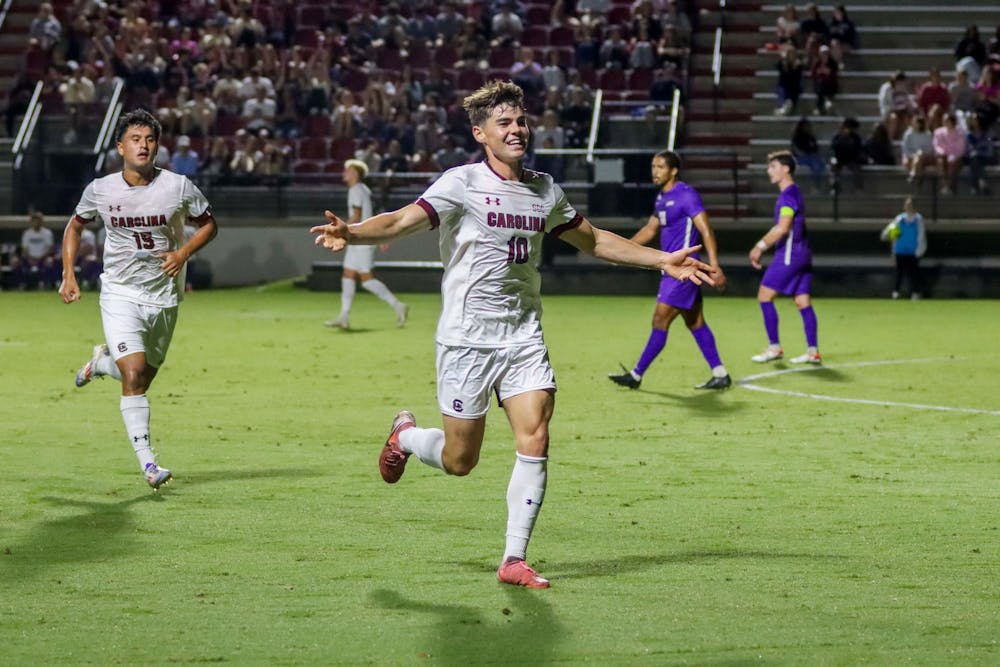 <p>Junior midfielder Ethan Ballek celebrates after scoring a goal during South Carolina's match against James Madison on Oct. 23, 2024. Ballek scored the first goal of the match in the Gamecocks' 3-1 victory over the Dukes.</p>