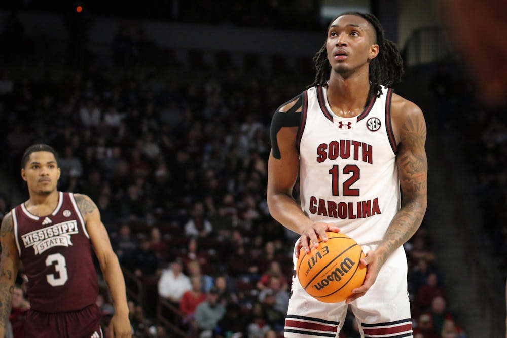 <p>FILE- Sophomore guard Zachary Davis prepares to shoot a free throw during the Gamecocks’ victory over the Mississippi State Bulldogs on Jan. 6, 2024. Davis started in 14 games for the Gamecocks this season.</p>