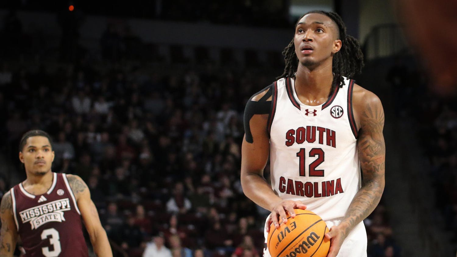 FILE- Sophomore guard Zachary Davis prepares to shoot a free throw during the Gamecocks’ victory over the Mississippi State Bulldogs on Jan. 6, 2024. Davis started in 14 games for the Gamecocks this season.