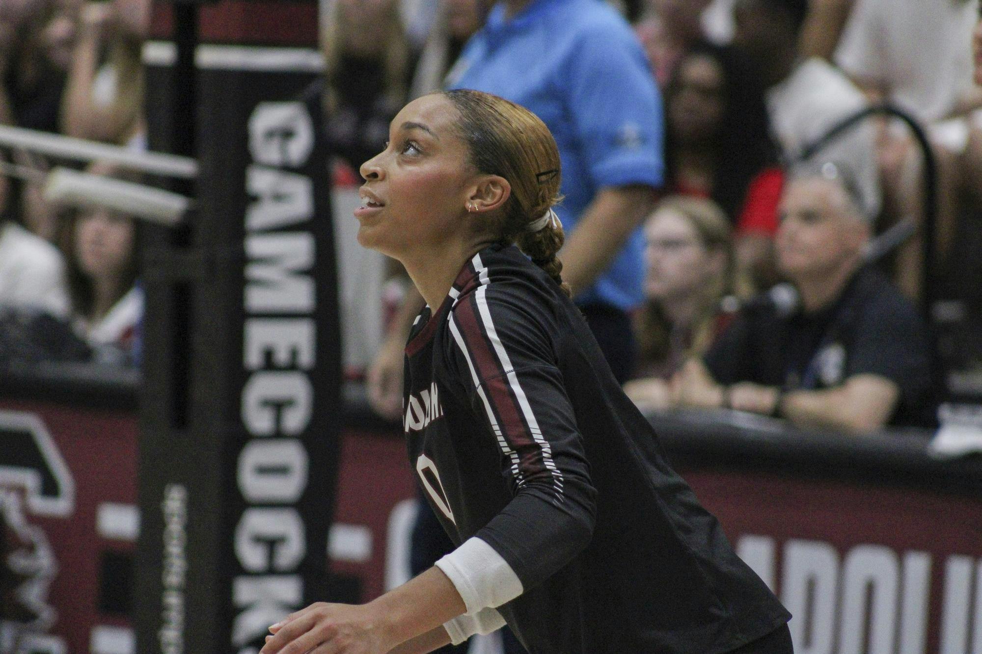 Sophomore libero Victoria Harris prepares for the ball at the women’s volleyball game against Texas A&amp;M on Oct. 1, 2025, at the Carolina Volleyball Center. The Gamecocks lost the match 1-3.