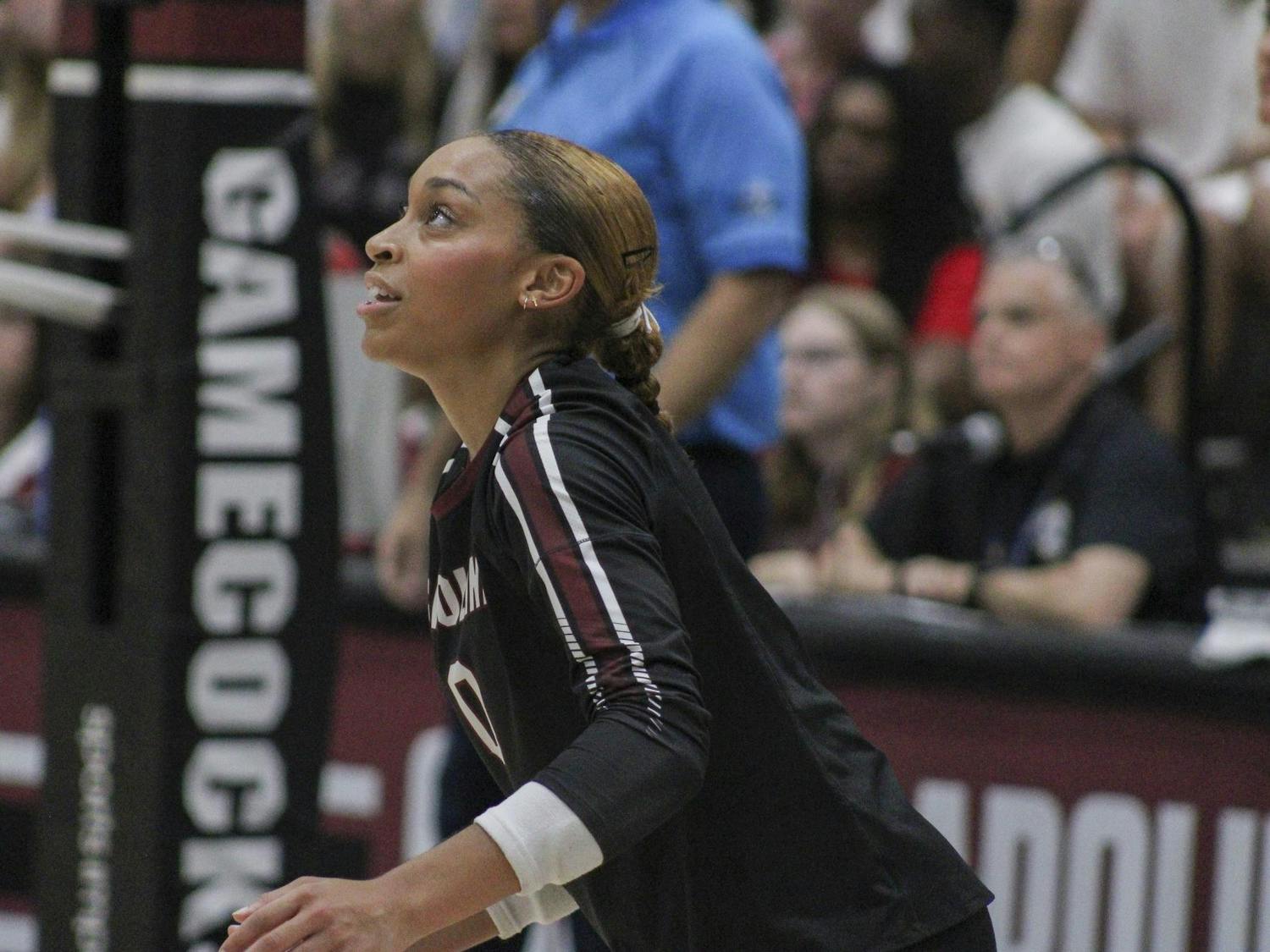 Sophomore libero Victoria Harris prepares for the ball at the women’s volleyball game against Texas A&M on Oct. 1, 2025, at the Carolina Volleyball Center. The Gamecocks lost the match 1-3.
