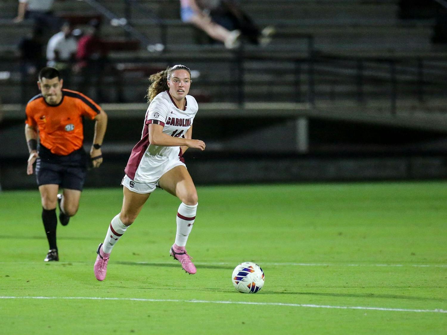 Senior midfielder Brianna Behm looks for an open teammate during South Carolina’s match against LSU at Stone Stadium on Oct. 5, 2023. The Gamecocks beat the Tigers 1-0.
