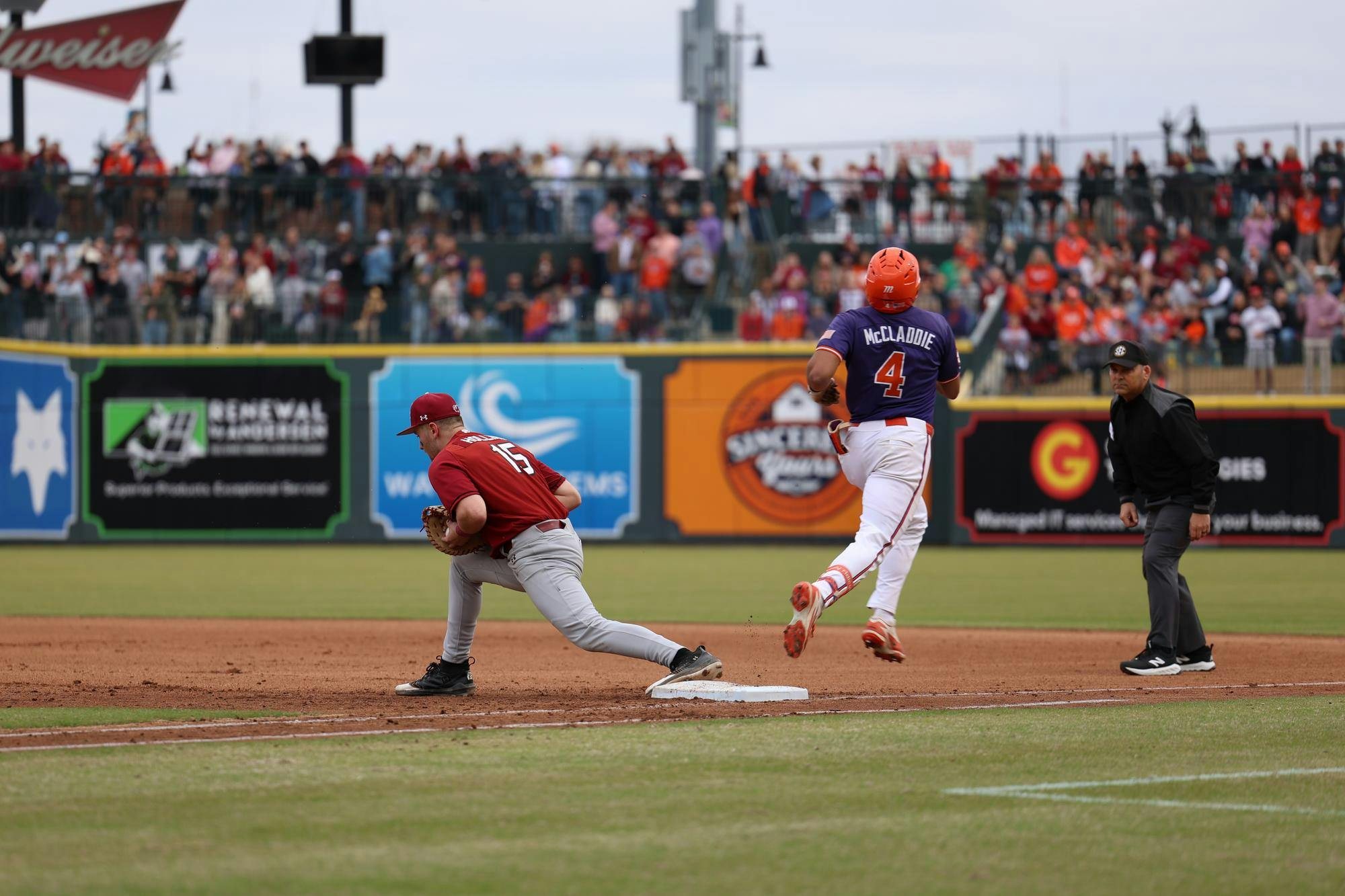Sophomore first base Beau Hollins steps on first base to get the runner out agaisnt Clemson University at Segra Park on Feb. 28th 2026. The Gamecocks fell short to the Tigers 4-1.