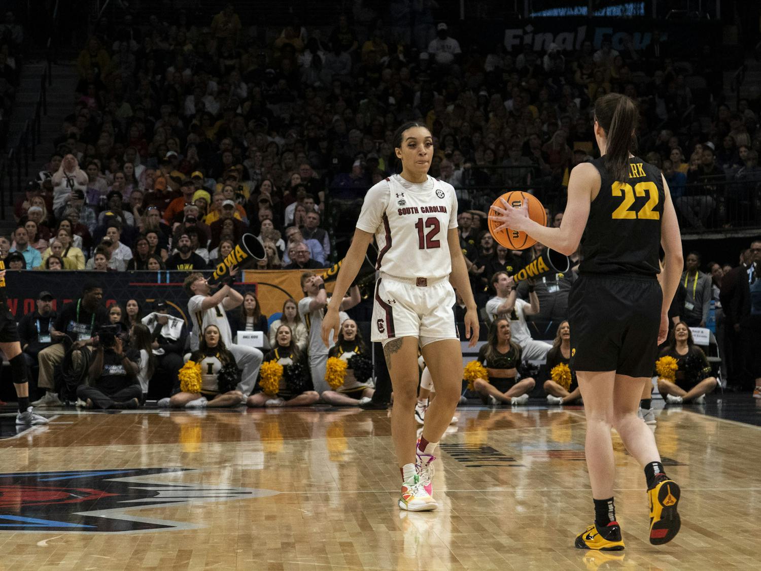 Senior guard Brea Beal locks in and gets ready to defend Hawkeye junior guard Caitlin Clark during the Women’s Final Four match on March 31, 2023. The Gamecocks lost to the Hawkeyes 77-73