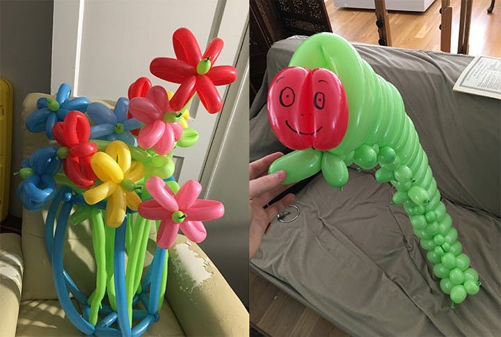 Some examples of Gabe Turner's balloon art include a bouquet of flowers (left) and a caterpillar inspired by the children's book "The Very Hungry Caterpillar" (right).