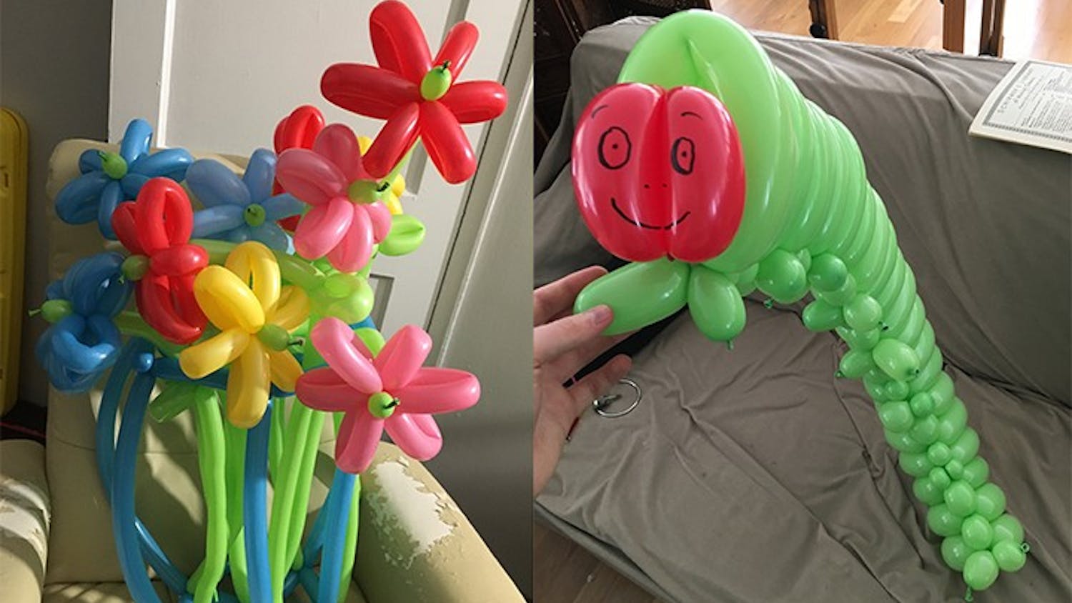Some examples of Gabe Turner's balloon art include a bouquet of flowers (left) and a caterpillar inspired by the children's book "The Very Hungry Caterpillar" (right).