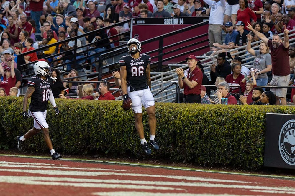 FILE — Sixth year tight end Chad Terrell scores a touchdown for the Black team during the Garnet and Black Spring Game at Williams-Brice Stadium on April 16, 2022.