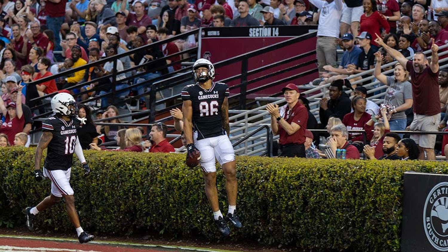 FILE — Sixth year tight end Chad Terrell scores a touchdown for the Black team during the Garnet and Black Spring Game at Williams-Brice Stadium on April 16, 2022.