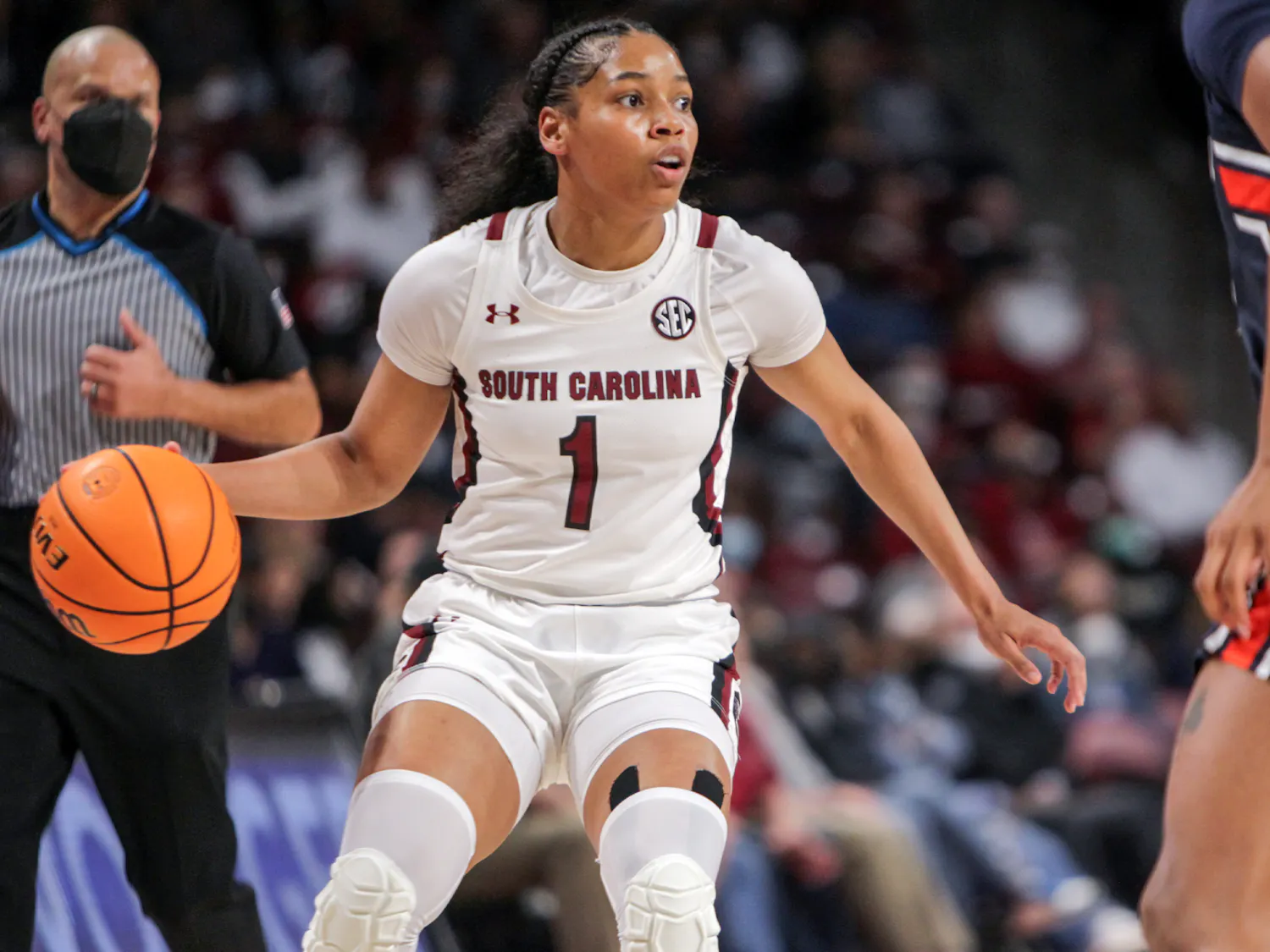 FILE—Senior guard Zia Cooke works around a defender during a game on Feb. 17, 2022 at Colonial Life Arena in Columbia, SC. Cooke finished as the Gamecock’s leading scorer with 15 points, nine of which came from three point shots during the Gamecocks match again Clemson on Thursday, Nov. 17, 2022.