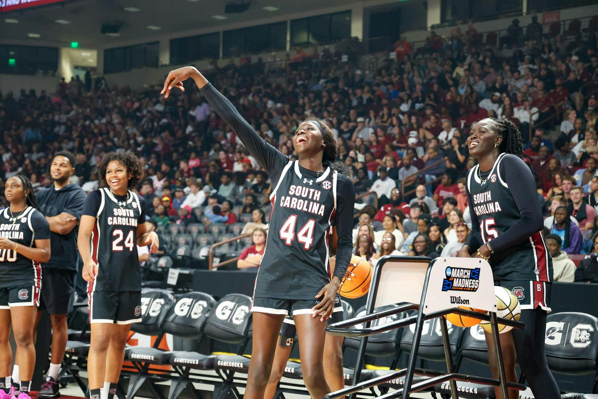 Freshman guard Agot Makeer shoots a three-pointer during a 3-pointer contest at GarNET &amp; Black Madness on Oct. 21, 2025, at Colonial Life Arena. Makeer is originally from Ontario and previously played for Montverde Academy in Florida.