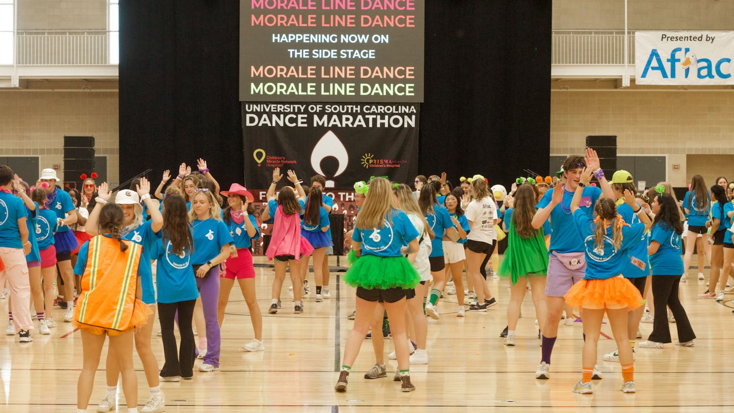 Dance Marathon participants dance on March 25, 2023, in the Strom Thurmond Wellness and Fitness Center gym. Dance Marathon is a student-led philanthropic movement that raises funds for Children’s Miracle Network Hospitals. 