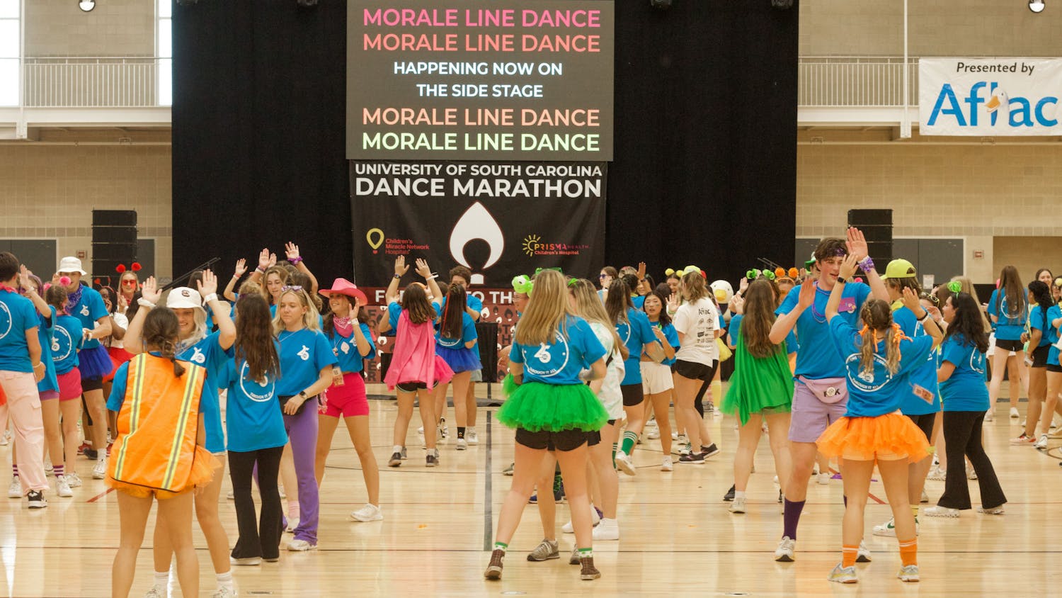 Dance Marathon participants dance on March 25, 2023, in the Strom Thurmond Wellness and Fitness Center gym. Dance Marathon is a student-led philanthropic movement that raises funds for Children’s Miracle Network Hospitals. &nbsp;