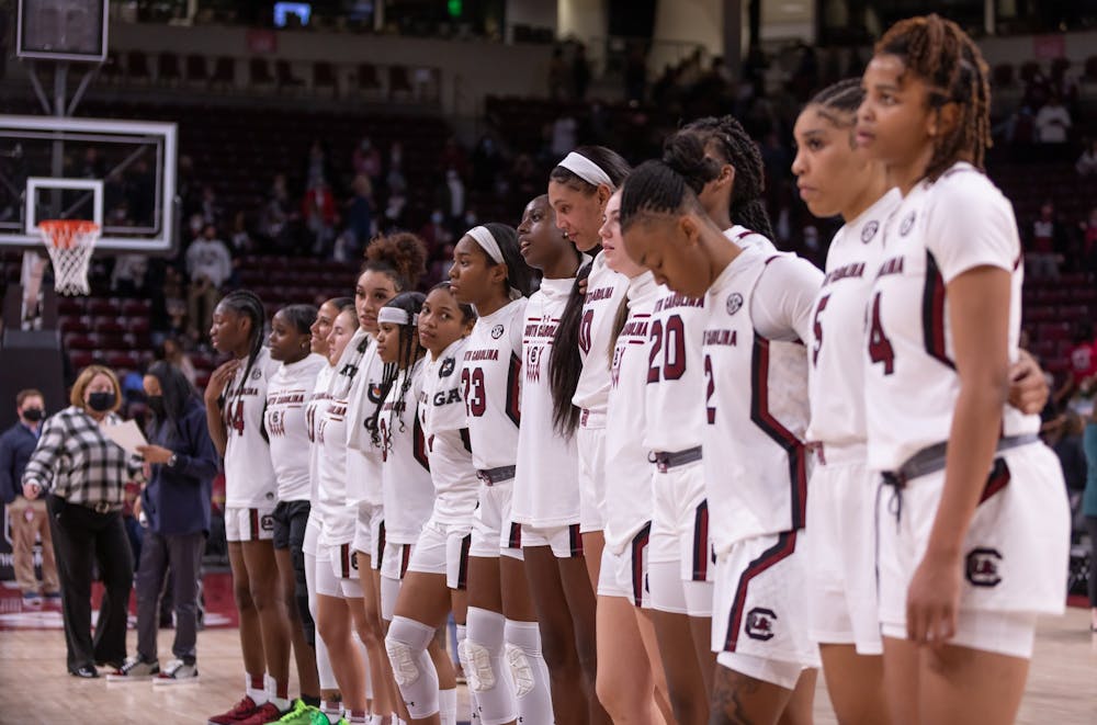 FILE—South Carolina's women's basketball team gathers for the alma mater after a win on Jan. 13, 2022 at Colonial Life Arena in Columbia, SC.