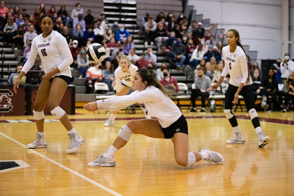 <p>FILE—Sophomore outside hitter Lauren McCutcheon receives a ball from Kentucky during a game on Nov. 6, 2021. The Gamecocks lost 3-0 to Kentucky after beating them in a game the previous day. &nbsp;</p>