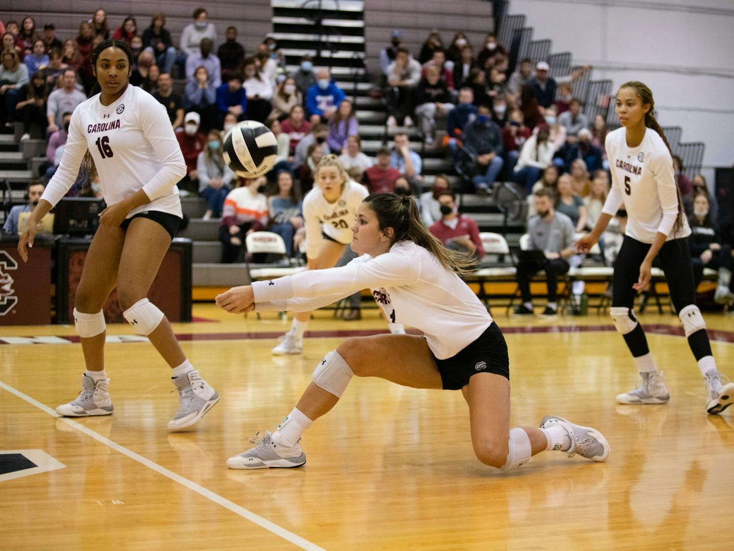 FILE—Sophomore outside hitter Lauren McCutcheon receives a ball from Kentucky during a game on Nov. 6, 2021. The Gamecocks lost 3-0 to Kentucky after beating them in a game the previous day. 