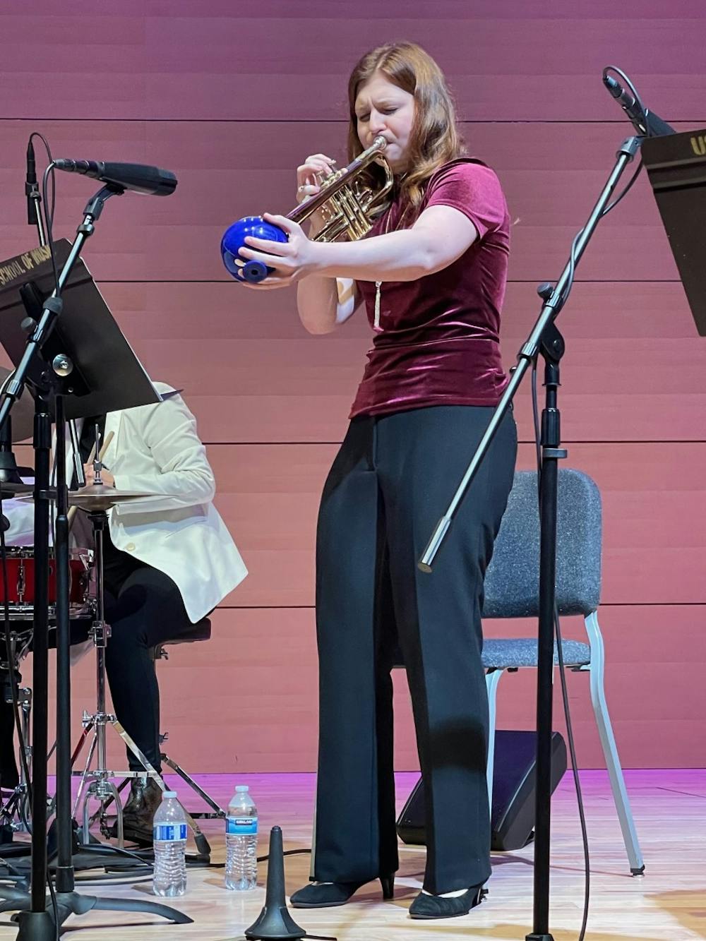 <p>CC &amp; The Adelitas trumpet player Summer Camargo performs at the band's live debut concert on Oct. 25, 2021, at the Darla Moore School of Business Johnson Performance Hall. The all-female, professor-led band represents intersectionality and embraces Mexican culture in jazz music.</p>