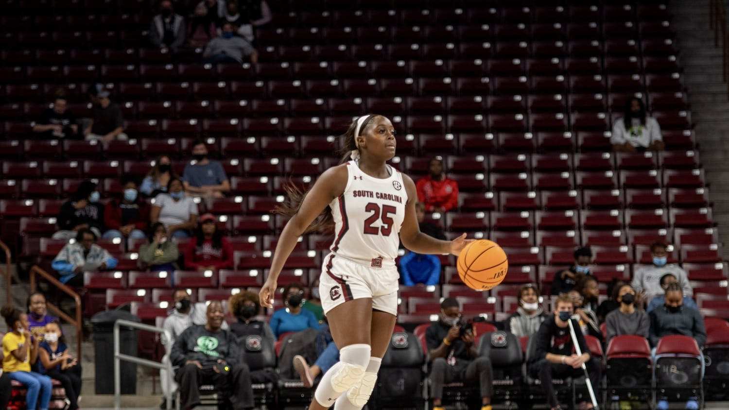 Freshman guard Raven Johnson dribbles the ball up the court during the game Benedict vs Gamecocks on Nov. 1, 2021. 