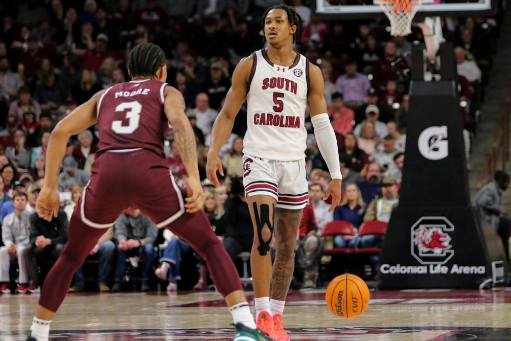 <p>Junior guard Meechie Johnson looks down the court during South Carolina's game against Mississippi State on Jan. 6, 2024, at Colonial Life Arena. The Gamecocks are 21-4 overall following a 101-61 loss to the Auburn Tigers on Feb. 14, 2024.</p>