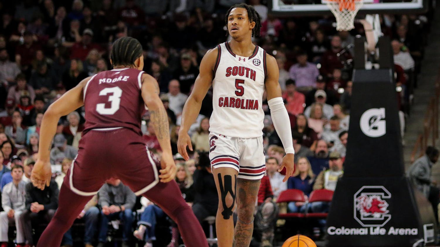 Junior guard Meechie Johnson looks down the court during South Carolina's game against Mississippi State on Jan. 6, 2024, at Colonial Life Arena. The Gamecocks are 21-4 overall following a 101-61 loss to the Auburn Tigers on Feb. 14, 2024.