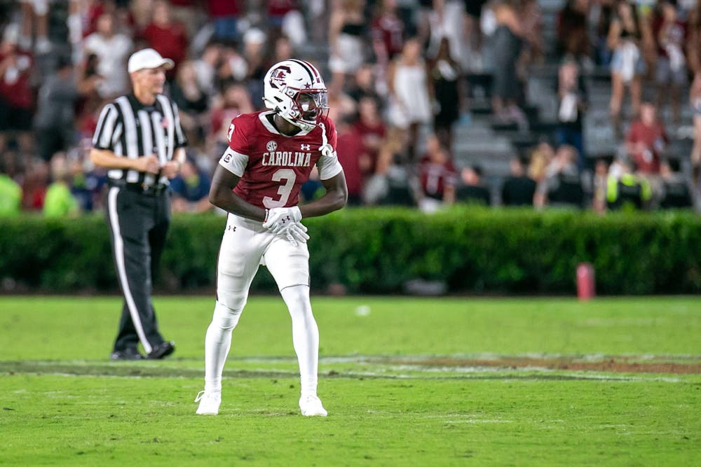 <p>FILE — Freshman wide receiver Mazeo Bennett Jr. lines up on field during South Carolina's game against Akron on Sept. 21, 2024, at Williams-Brice Stadium. Bennett recorded five catches and 71 receiving yards in the Gamecocks' 50-7 win over the Zips.</p>