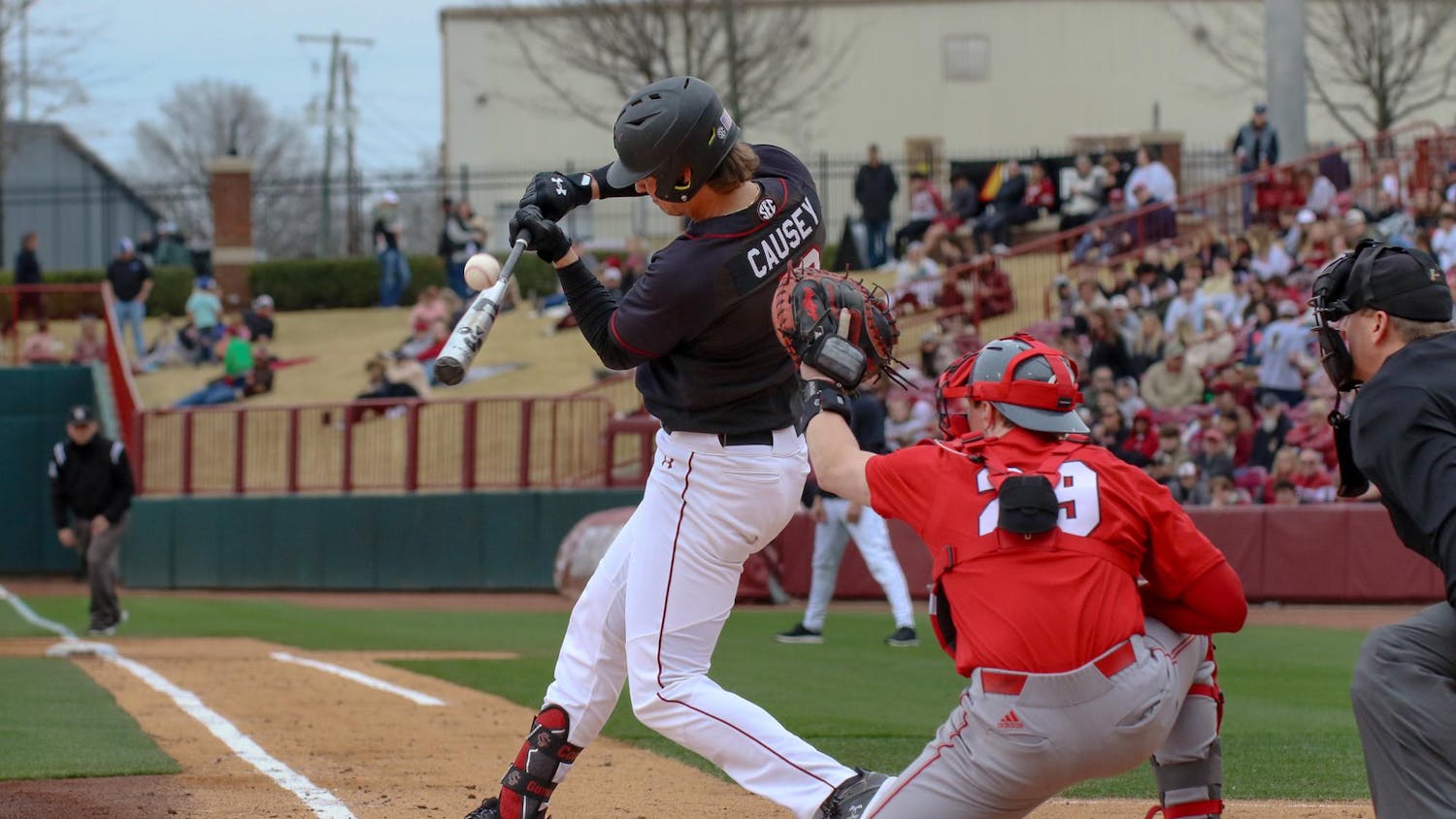 Senior infielder Tyler Causey swings at the ball during the Gamecocks' 14-0 victory over Miami-Ohio on Feb. 18, 2024. Causey had 3 hits during the three-game opening series at Founders Park.