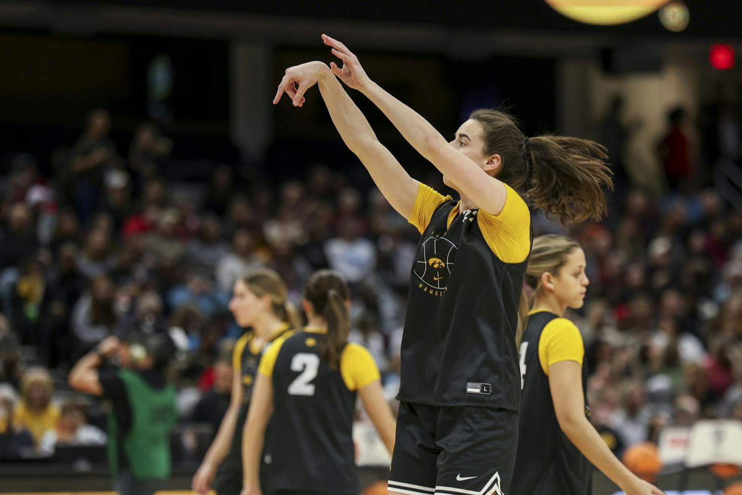 Hawkeye senior guard Caitlin Clark attempts a 3-point shot during Super Saturday open practice in Cleveland, Ohio. Clark scored 21 points for the Hawkeyes during their semifinal match-up against the University of Connecticut Huskies on April 5, 2024. The semifinal game marked the second time this 鶹С򽴫ý that Clark did not lead the Hawkeyes in scoring.