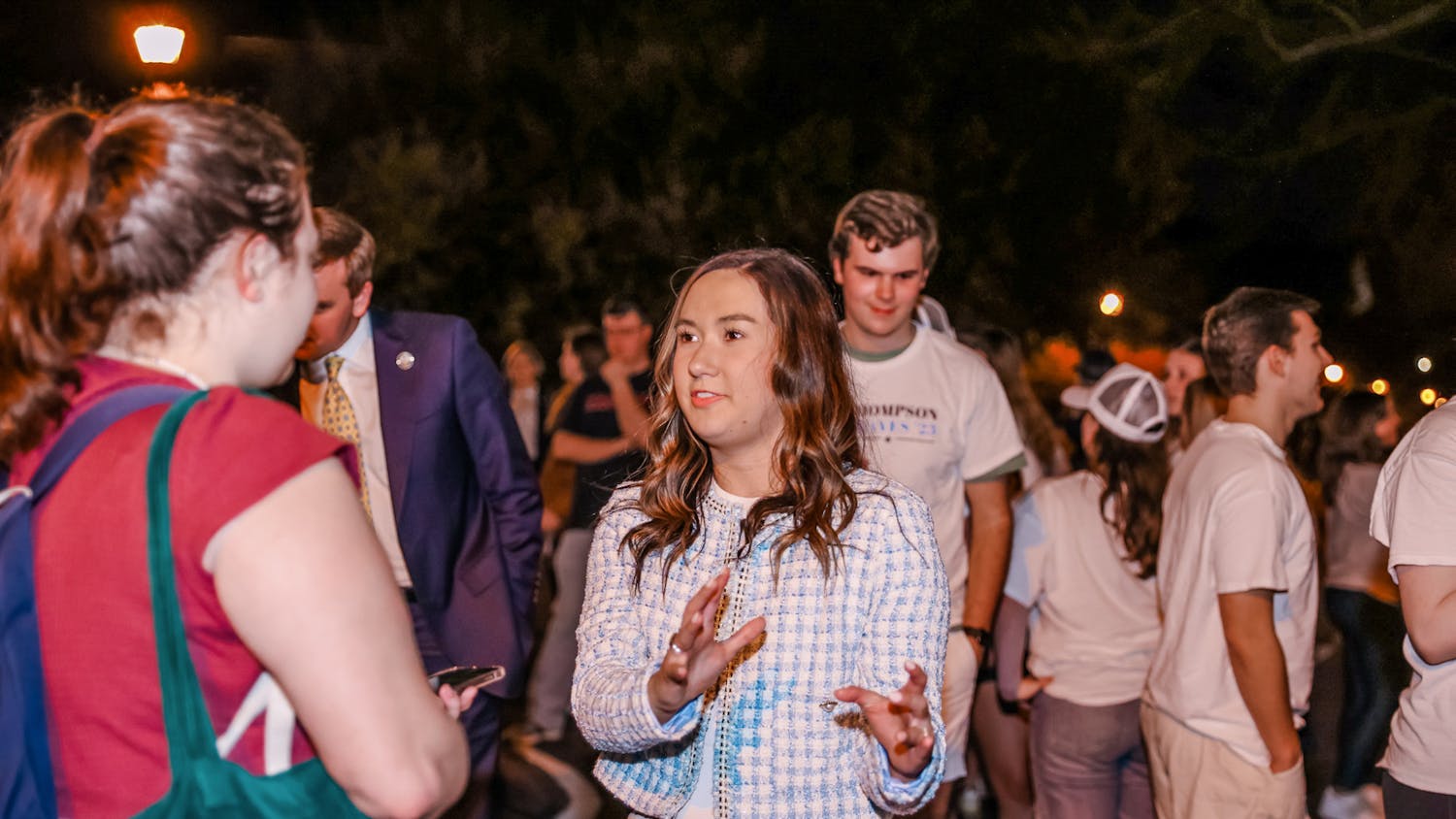 Third-year public relations student Emmie Thompson speaks to the media on Greene Street after winning the election for student body president on Feb. 22, 2023. Thompson defeated Reilly Arford in the election, one of the four executive positions announced.