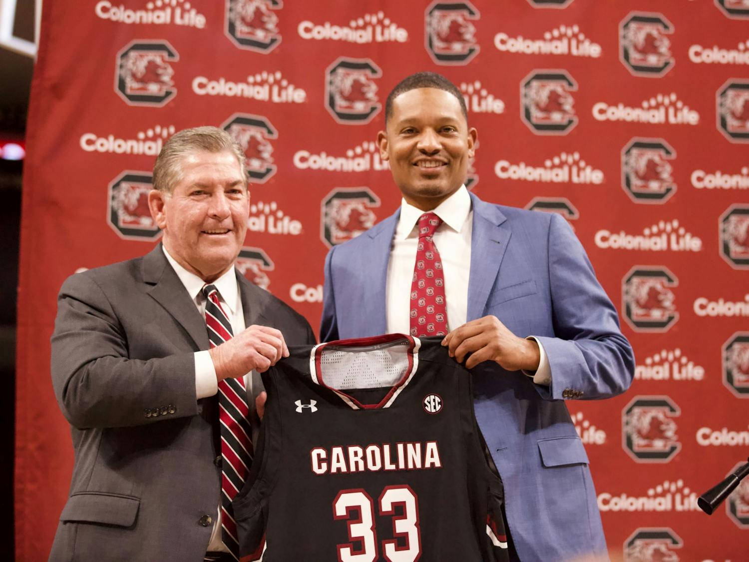 New men’s basketball coach Lamont Paris and Athletic Director Ray Tanner during his introductory press conference on March 24, 2022. Paris is the 33rd head coach in program history.&nbsp;