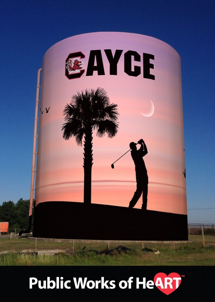 	A mural on the 20,000-square-foot Cayce Water Tank will feature the Carolina block “C” and a silhouetted golf scene.