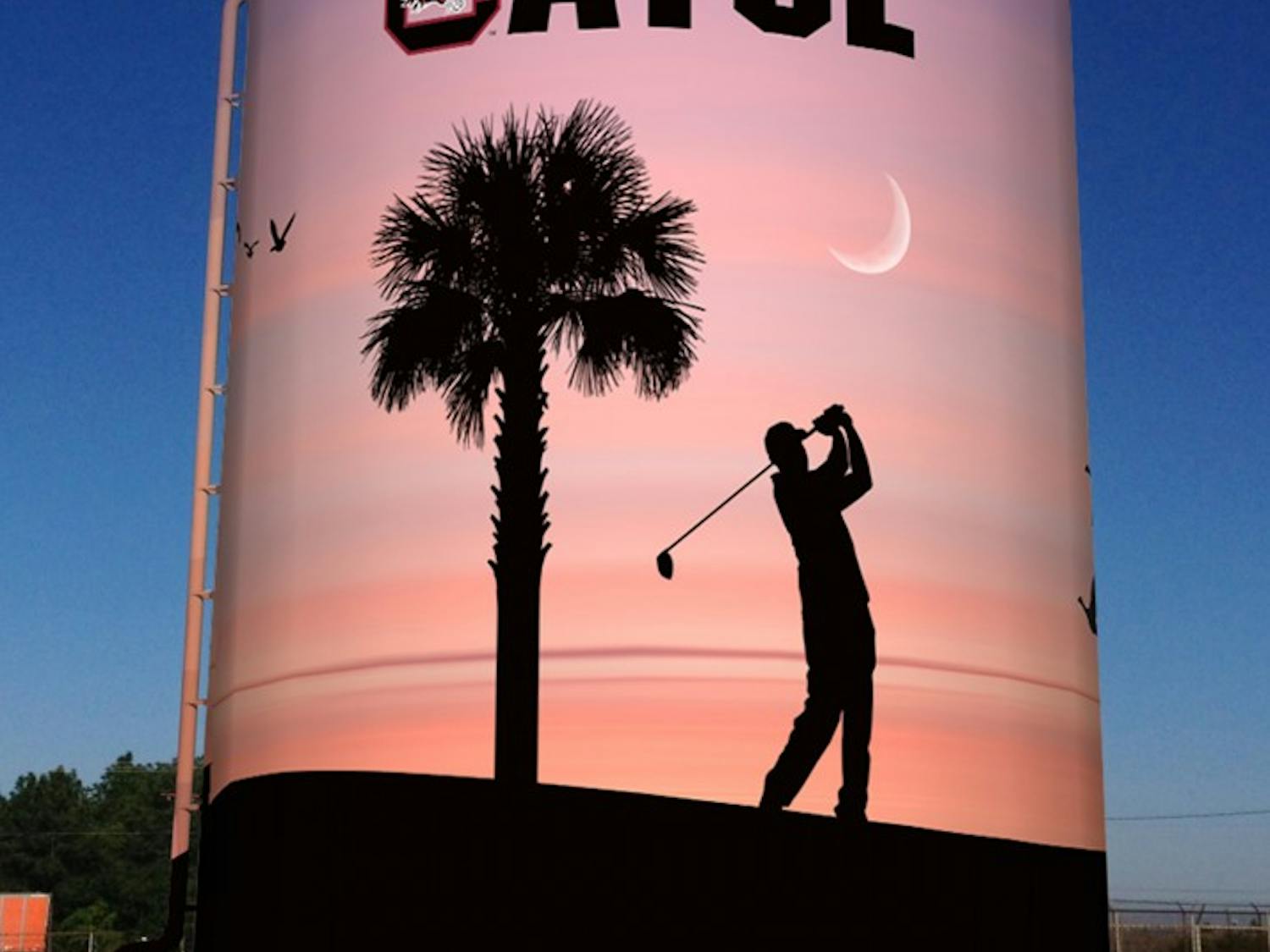 A mural on the 20,000-square-foot Cayce Water Tank will feature the Carolina block “C” and a silhouetted golf scene.