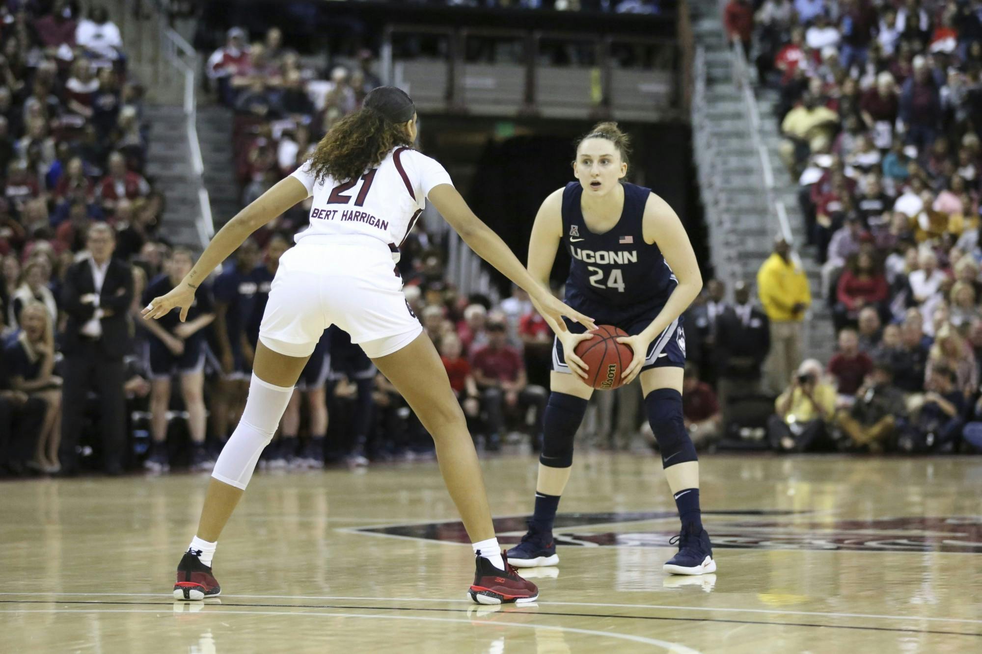 Senior forward Mikiah Herbert Harrigan stands at defense against UConn. This was South Carolina's first victory over UConn in school history. 