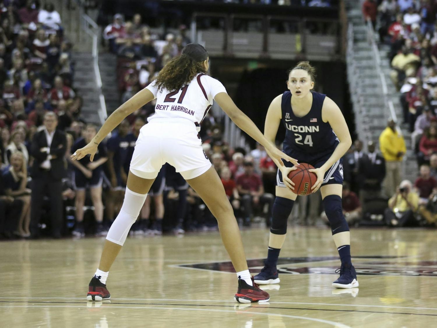 Senior forward Mikiah Herbert Harrigan stands at defense against UConn. This was South Carolina's first victory over UConn in school history. 