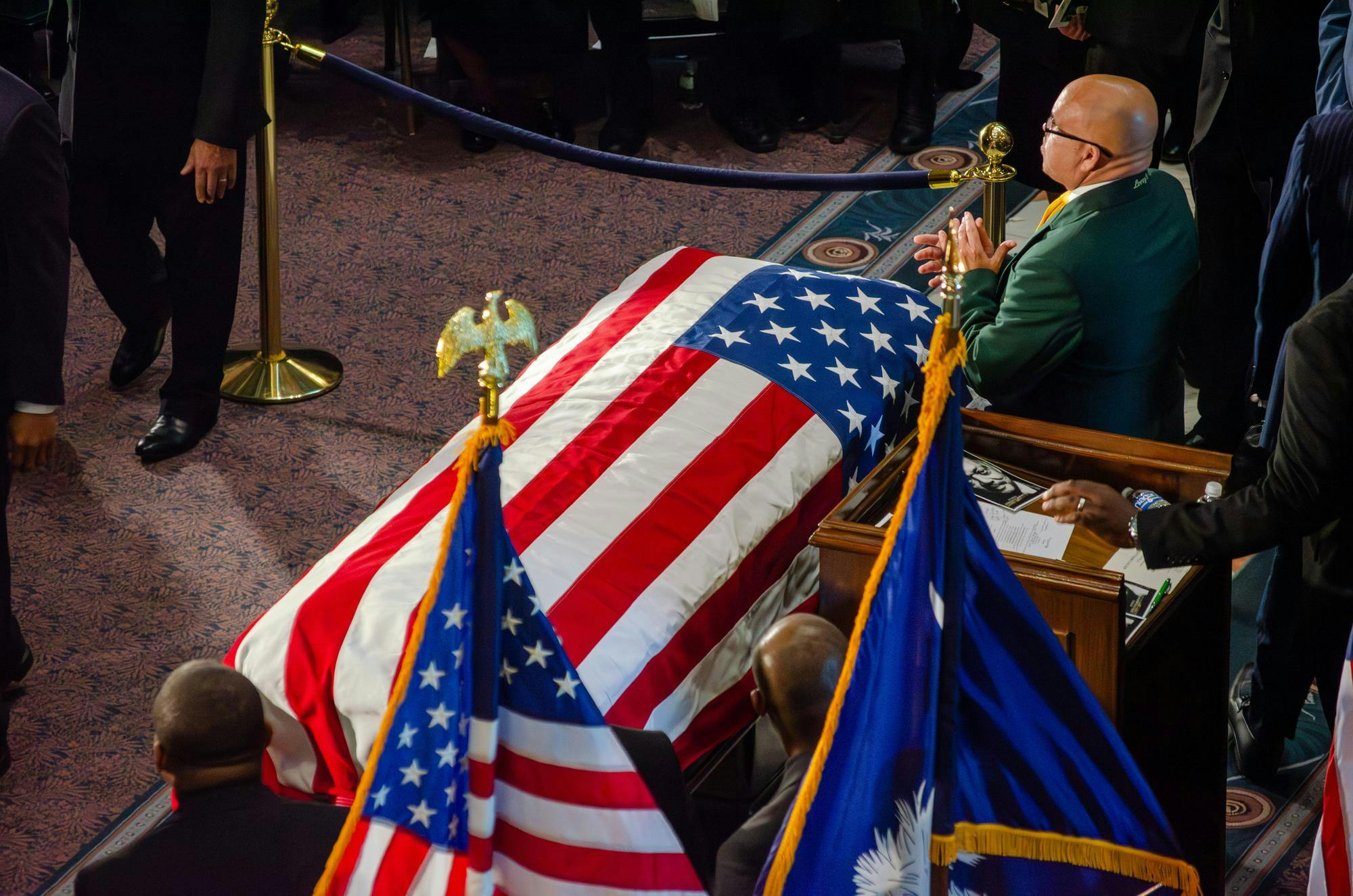 The casket of the Rev. Jesse Jackson, covered by the American flag, lies in state in the South Carolina State House on March 2, 2026. The Jackson family’s request that he lie in state at the United States Capitol in Washington was denied.