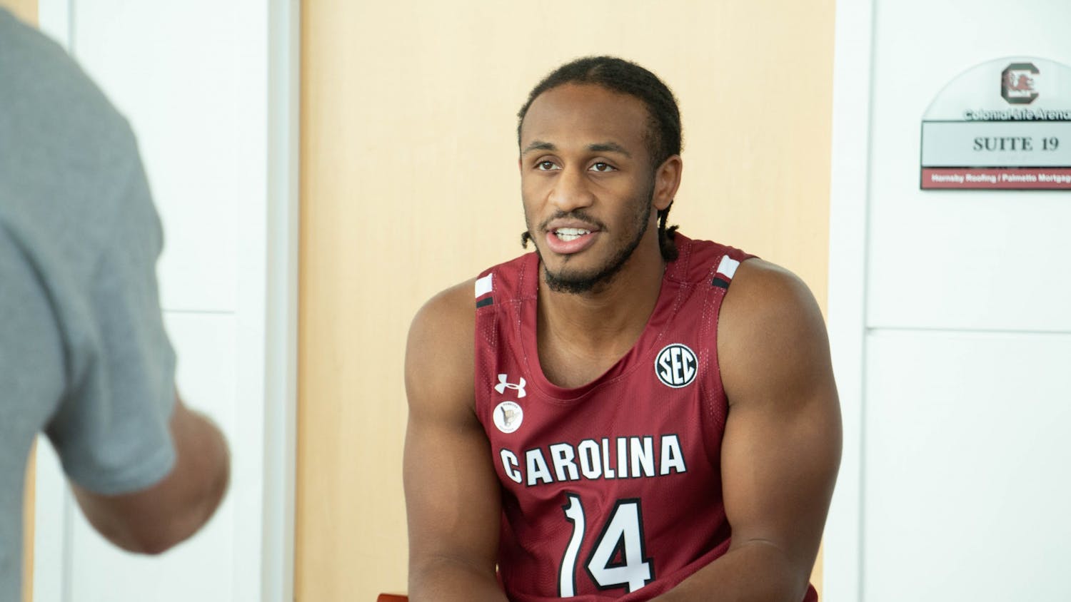 Gamecocks Men's Basketball senior forward Brandon Martin engaging in questions during the Men's Basketball Media day. 