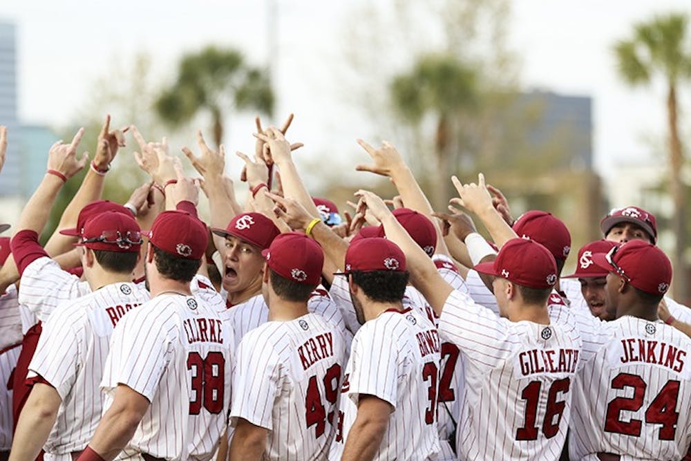 <p>The South Carolina baseball team gathers together before the Friday night game against Auburn at Founders Park.</p>