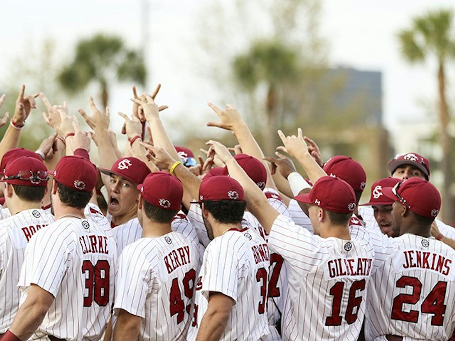 The South Carolina baseball team gathers together before the Friday night game against Auburn at Founders Park.