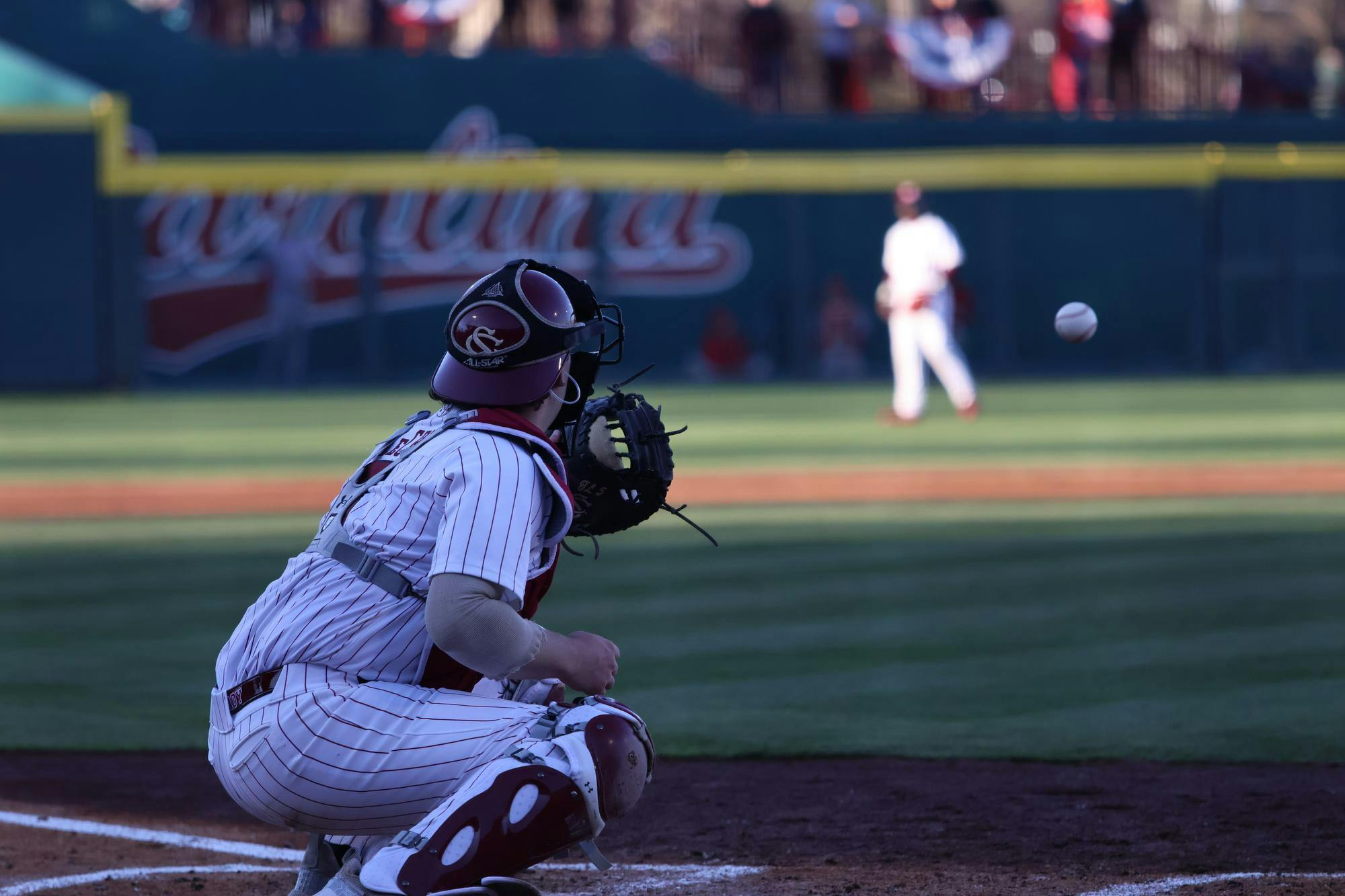 Senior catcher Talmadge LeCroy waits for the pitch during the game versus Sacred Heart on Feb. 14, 2025. The Gamecocks won their home opener 5-3 against the Pioneers.