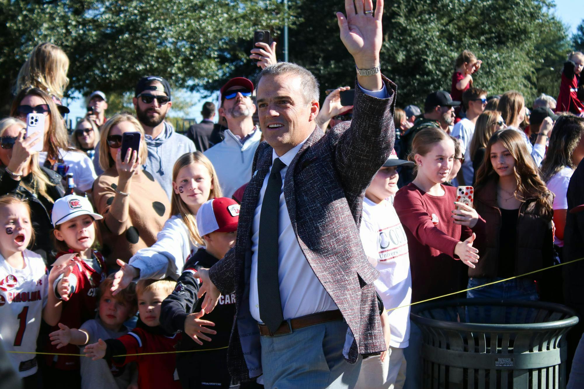 FILE — Head coach Shane Beamer waves to Gamecock fans during the Gamecock Walk which took place before the game against Wofford on Nov. 23, 2024. The Gamecocks went into the game with a 7-3 record after a win against the Missouri Tigers.