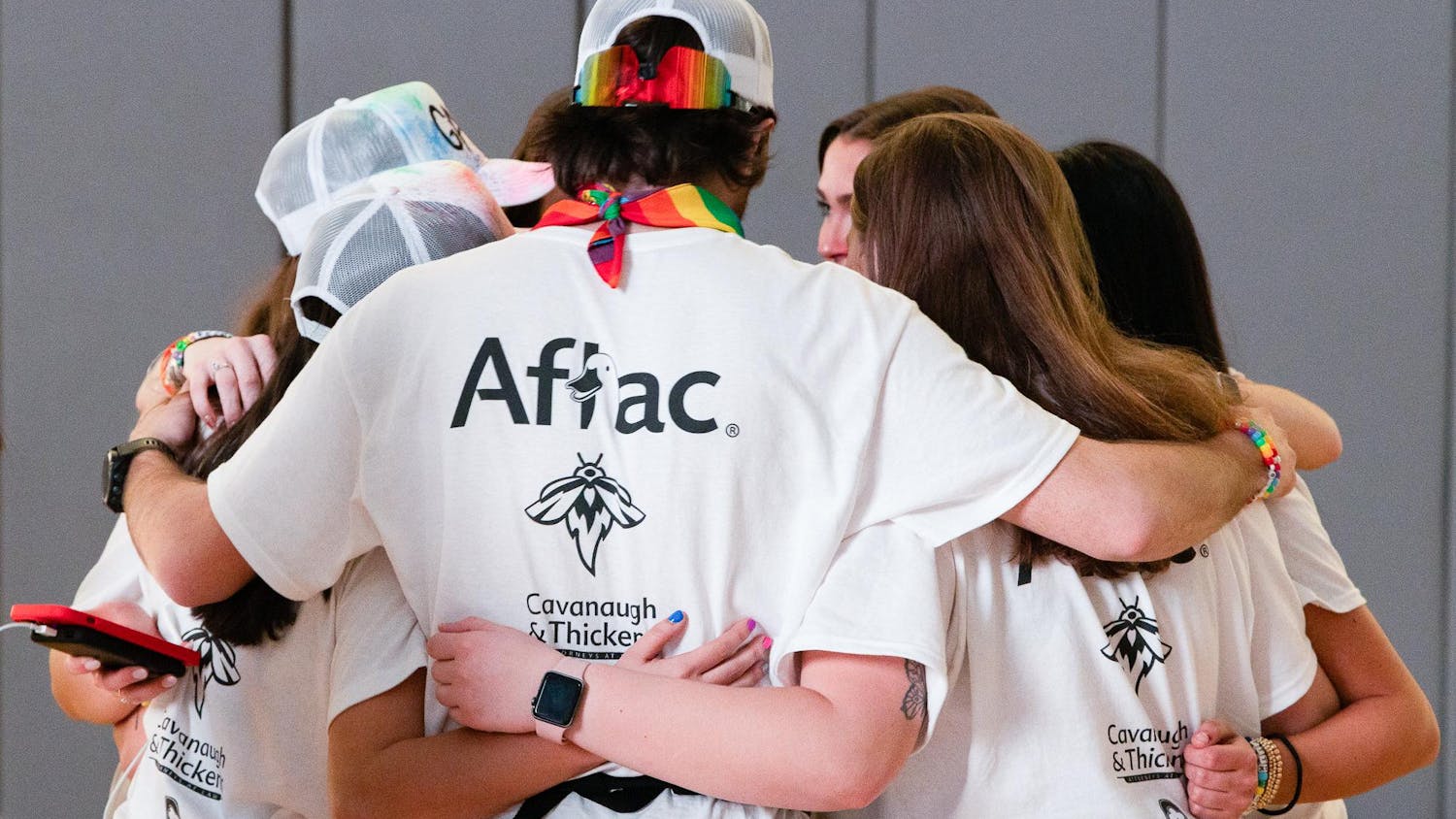 A team of students huddle before the USC Dance Marathon main event on Feb. 24, 2024, at Strom Thurmond Wellness and Fitness Center. Dance Marathon raised a total of $715,107 for Prisma Health Children's Hospital - Midlands after months of planning and fundraising events.