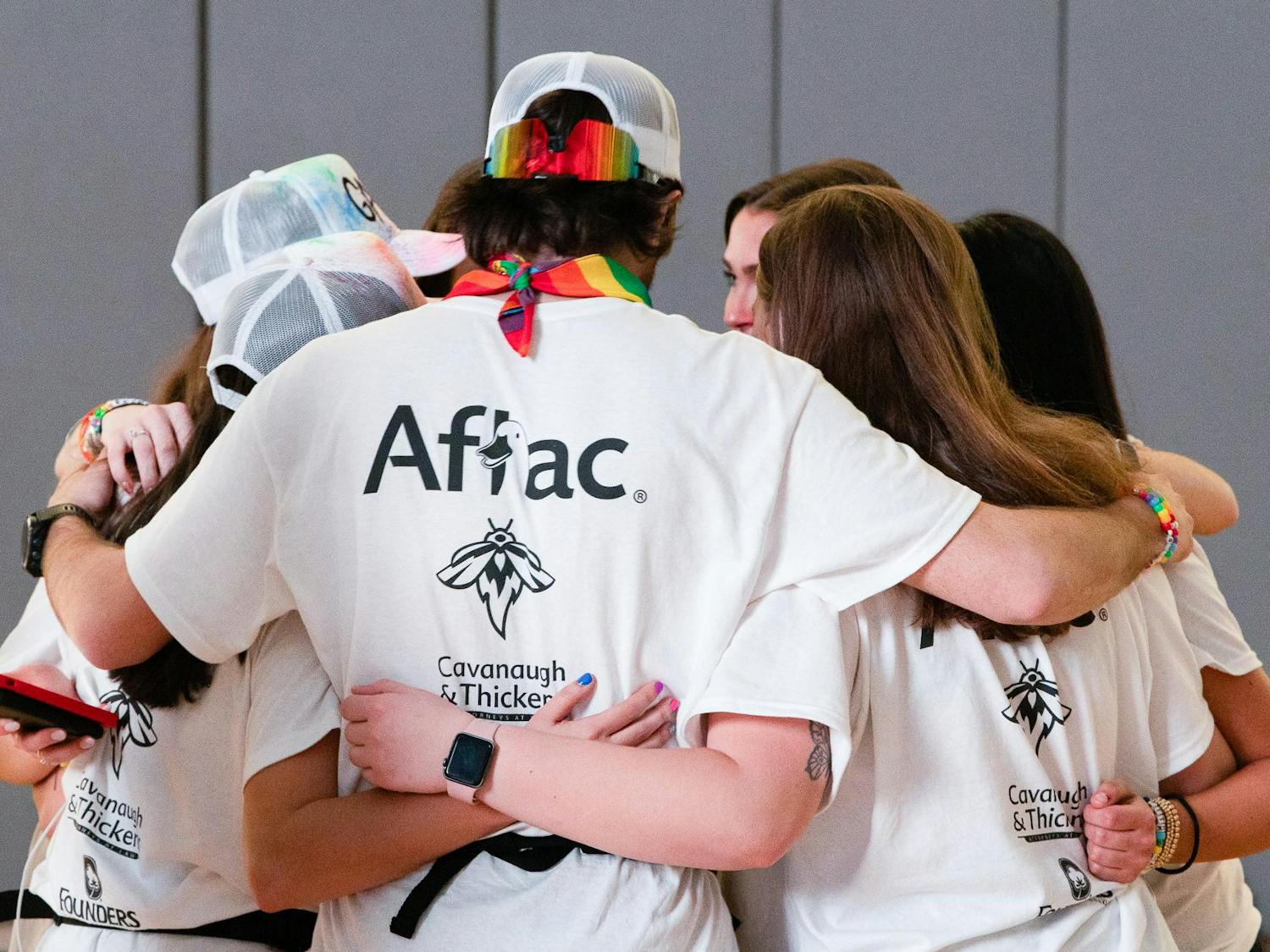 A team of students huddle before the USC Dance Marathon main event on Feb. 24, 2024, at Strom Thurmond Wellness and Fitness Center. Dance Marathon raised a total of $715,107 for Prisma Health Children's Hospital - Midlands after months of planning and fundraising events.
