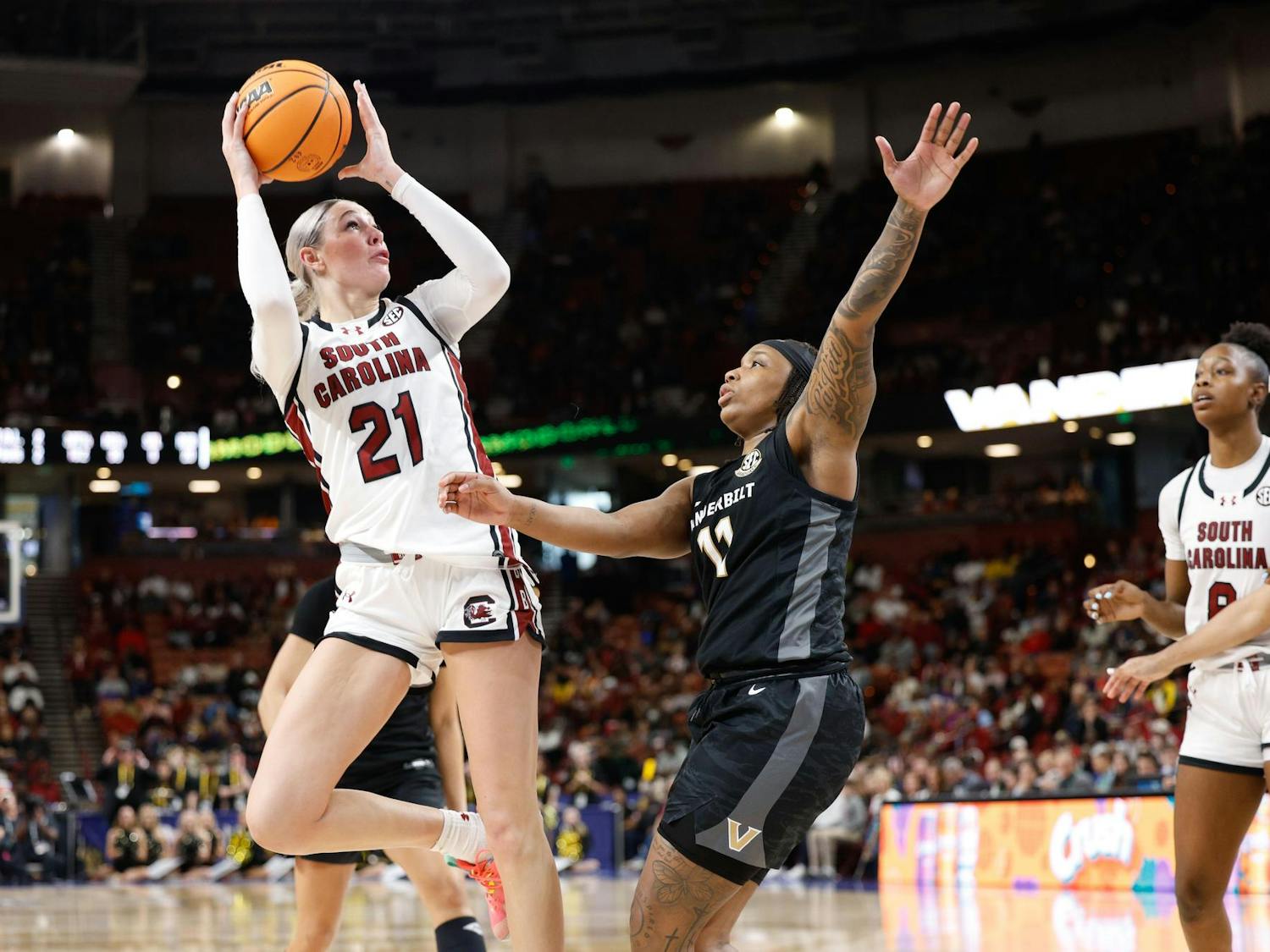 Junior forward Chloe Kitts shoots the ball over an opposing player during the SEC Tournament game against Vanderbilt at Bon Secours Arena on. Mar. 7, 2025. Kitts scored the most points on the court, with 25 total points.