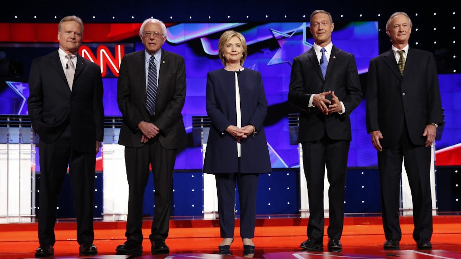From left, Democratic presidential candidates Jim Webb, Bernie Sanders, Hillary Rodham Clinton, Martin O'Malley and Lincoln Chafee on the debate stage on Tuesday, Oct. 13, 2015, in Las Vegas. (Josh Haner/NYT/Pool via Zuma Press/TNS)