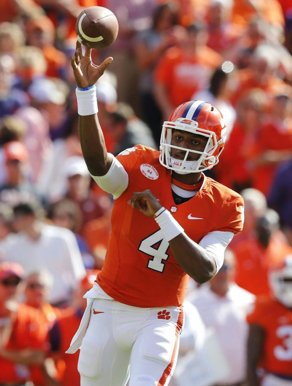 Clemson quarterback Deshaun Watson (4) passes during the first half against North Carolina State at Memorial Stadium in Clemson, S.C., Saturday, Oct. 4, 2014. (Ethan Hyman/Raleigh News & Observer/MCT)