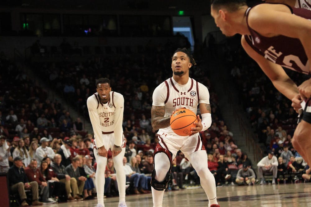 <p>Senior guard Jamarii Thomas eyes the basket as he prepares to take a shot during the Gamecocks’ game against Mississippi State at Colonial Life Arena on Jan. 25, 2025. Thomas demonstrated strong ball control throughout the game, helping keep the Gamecocks in the tightly contested matchup.</p>