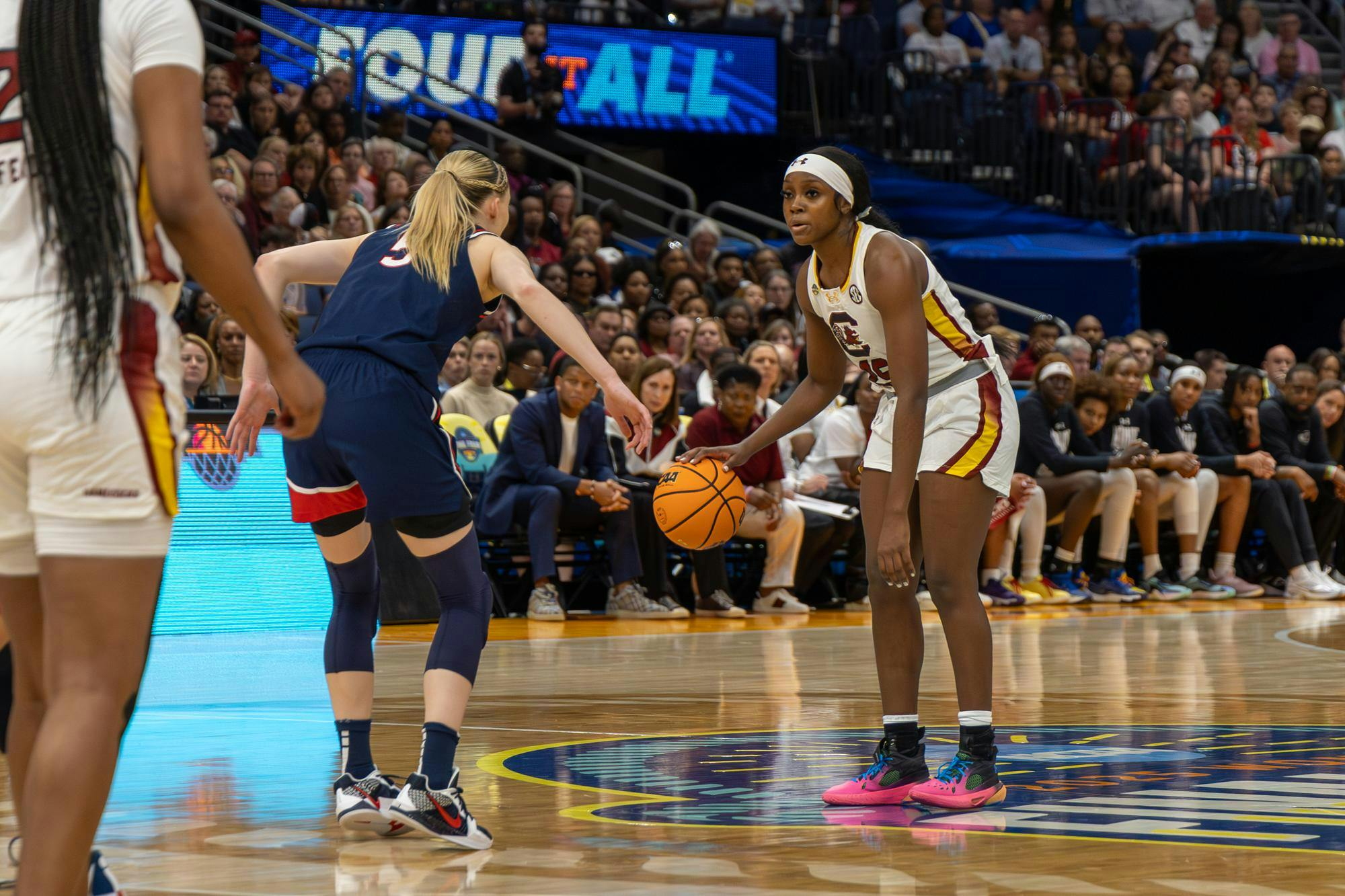 FILE — Then-junior guard Raven Johnson dribbles the ball during South Carolina's game against UConn in the National Championship on April 6, 2025, at Amalie Arena.